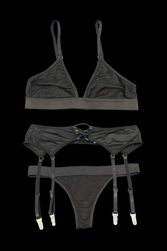 Bralette Crop G String & Suspender Set Black