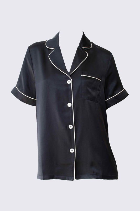 Alex Silk Short Sleeve Pyjama Shirt Black