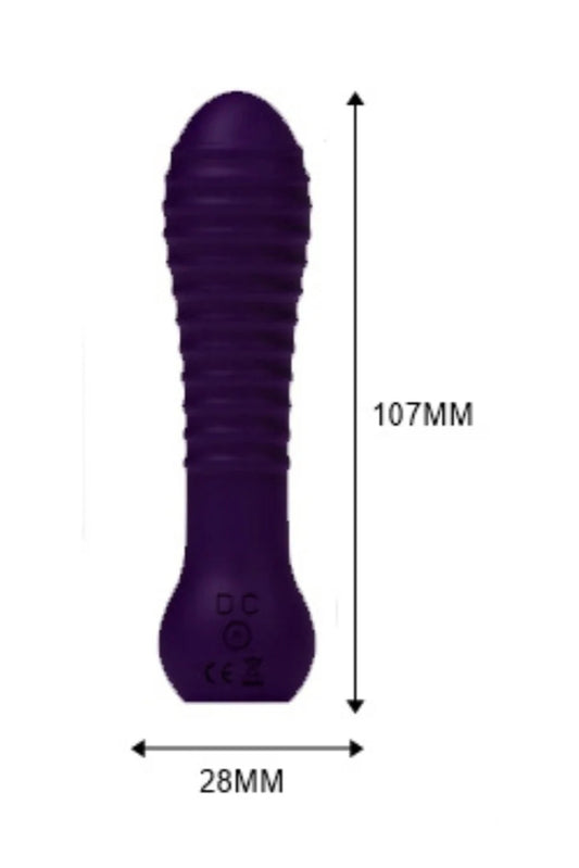 Purple toy with measurements on a white background