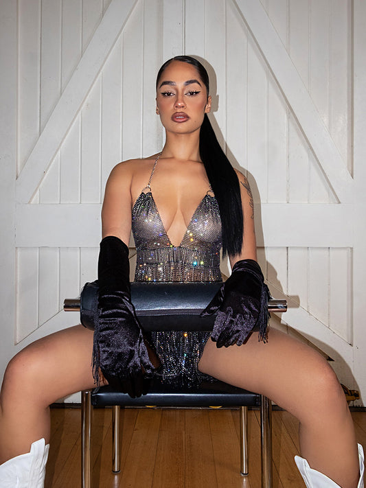 Selena Diamante Tassel Bralette Black