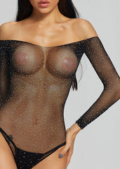Bodysuit Fishnet Rhinestone Black