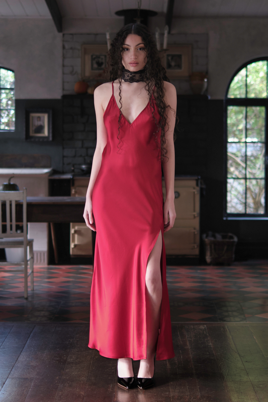 Elvira Silk Maxi Slip Dress Red