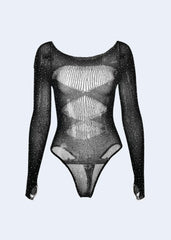 Bodysuit Mesh Rhinestone Black