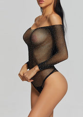 Bodysuit Fishnet Rhinestone Black