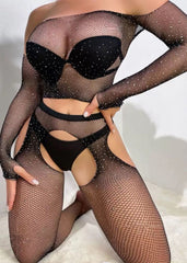 Bodystocking Crotchless Fishnet Rhinestone 2 Piece Set Black