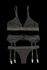 Bralette Crop G String & Suspender Set Black