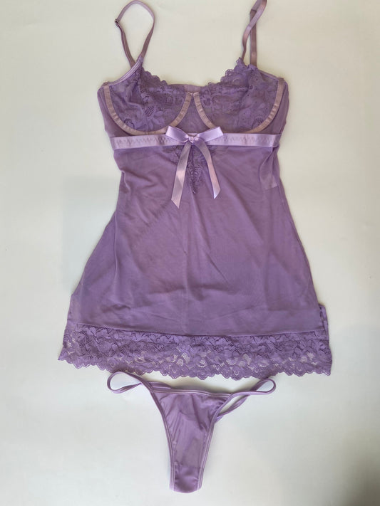 Babydoll G String Set Mesh Lace Purple
