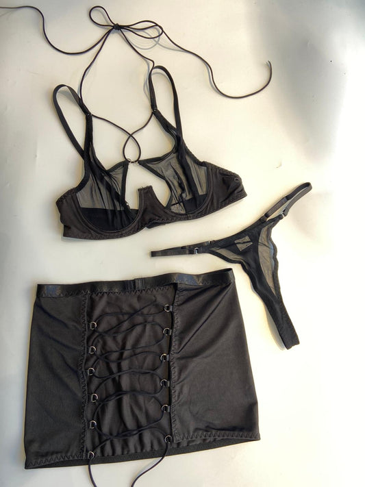 Bra G String Lace Up Spanking Skirt Set Black