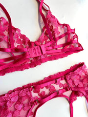 Bra G String Suspender Garter Set Heart Embroidery Pink