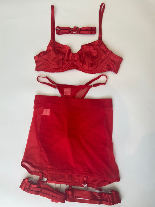 Bra G String Suspender Skirt Garter Set Red