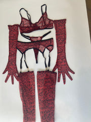 Bra G String Suspender Gloves Stockings Set Red Leopard