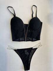 Bustier Brazillian Knicker Diamonte V Set Black