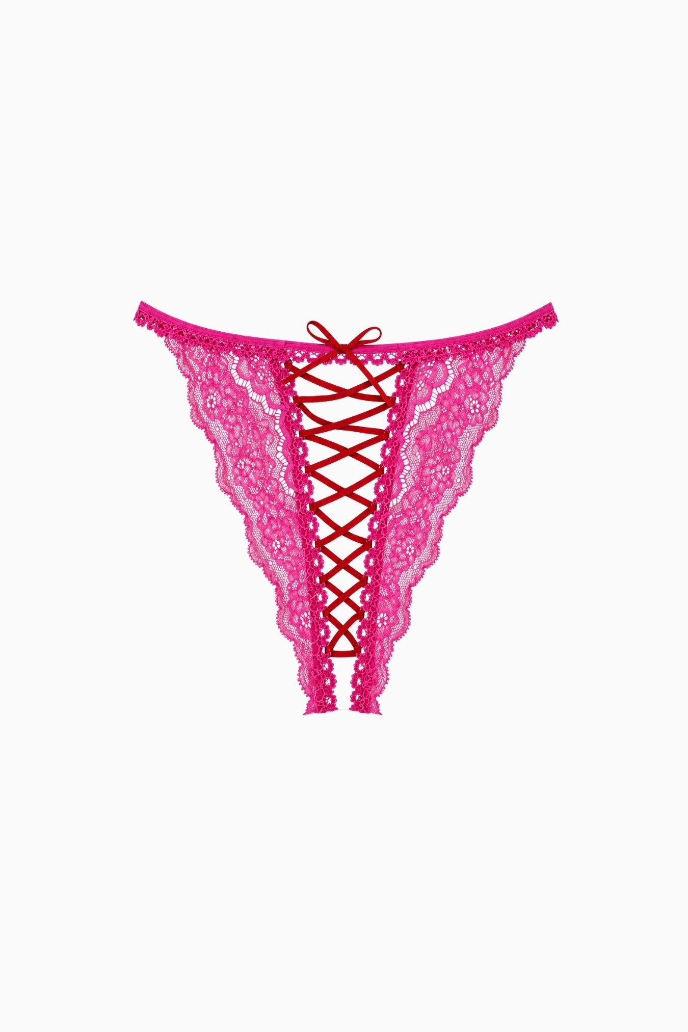 Crotchless Criss-Cross Lace G-String Pink Red – Size S | Archive Sample Main image