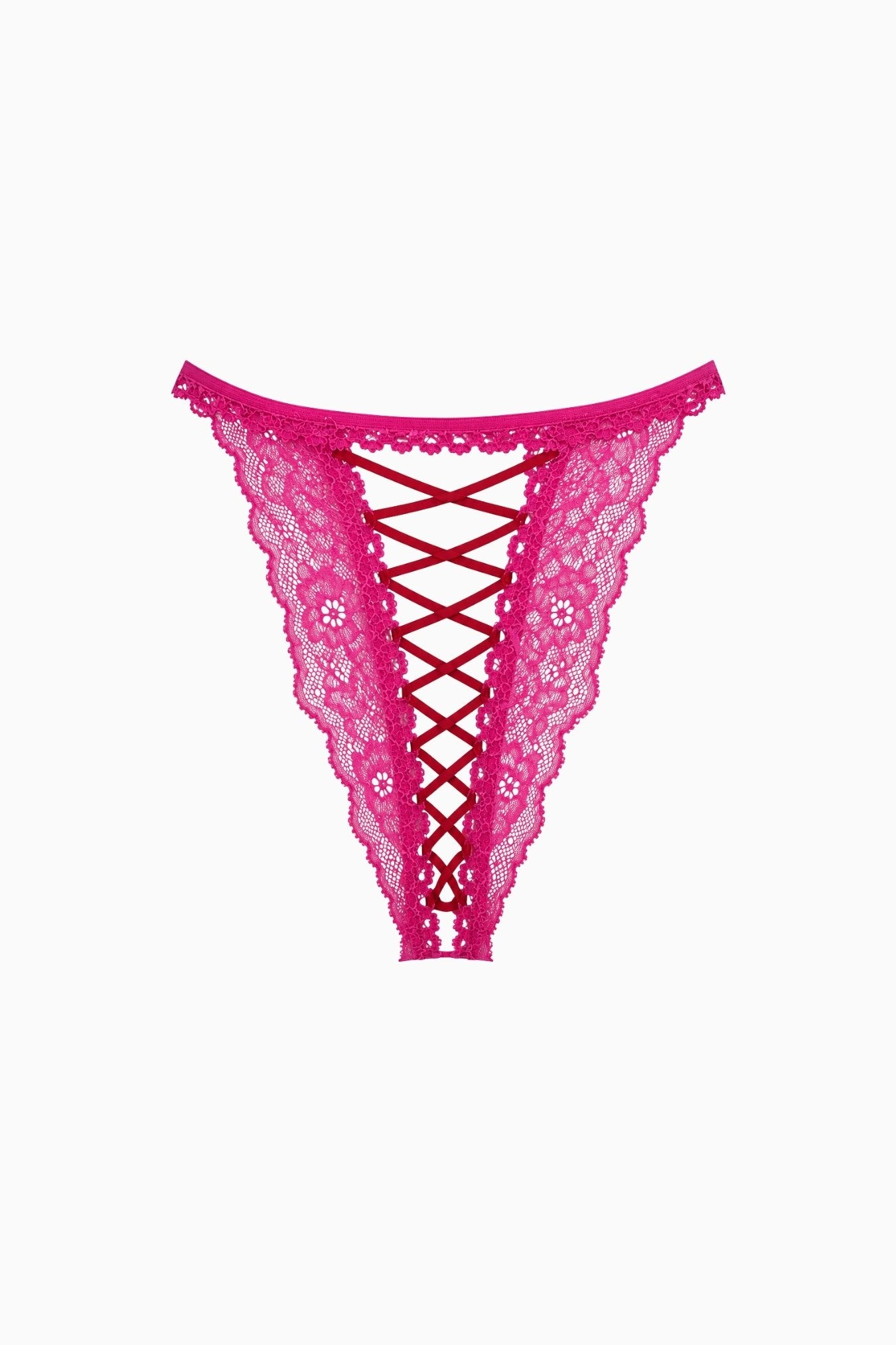 Crotchless Criss-Cross Lace G-String Pink Red – Size S | Archive Sample Secondary image