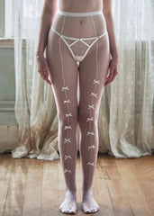 Pantyhose Fishnet Frontseam Bow White