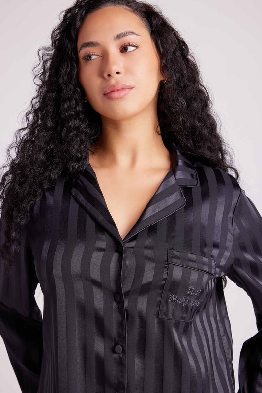 Valentina Satin Long Pyjama Set Black
