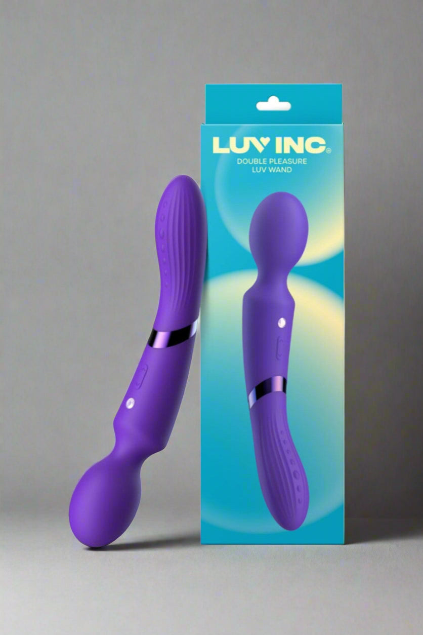 Purple double pleasure toy with packaging on a white background