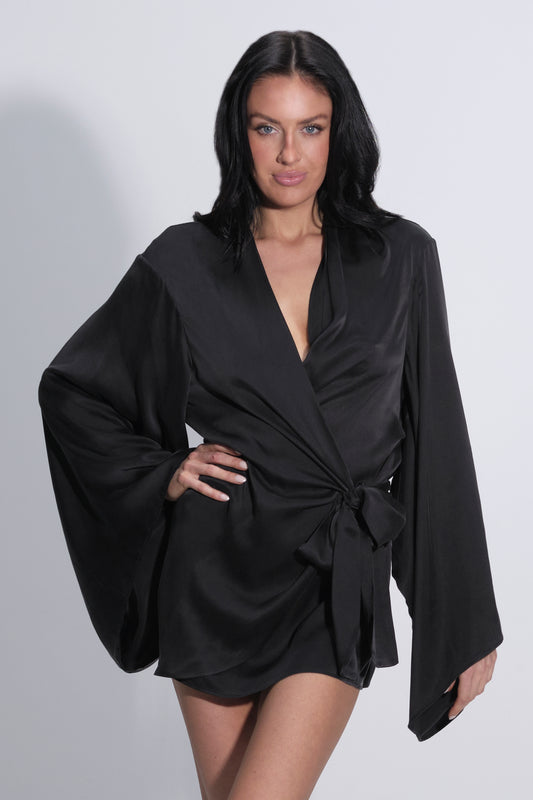 Petra Silk Wrap Dress Robe Black