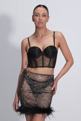 Selena Diamante Mini Skirt with Fur Trim Black