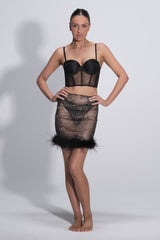 Selena Diamante Mini Skirt with Fur Trim Black