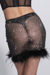 Selena Diamante Mini Skirt with Fur Trim Black