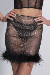 Selena Diamante Mini Skirt with Fur Trim Black