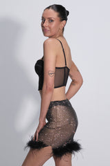 Selena Diamante Mini Skirt with Fur Trim Black