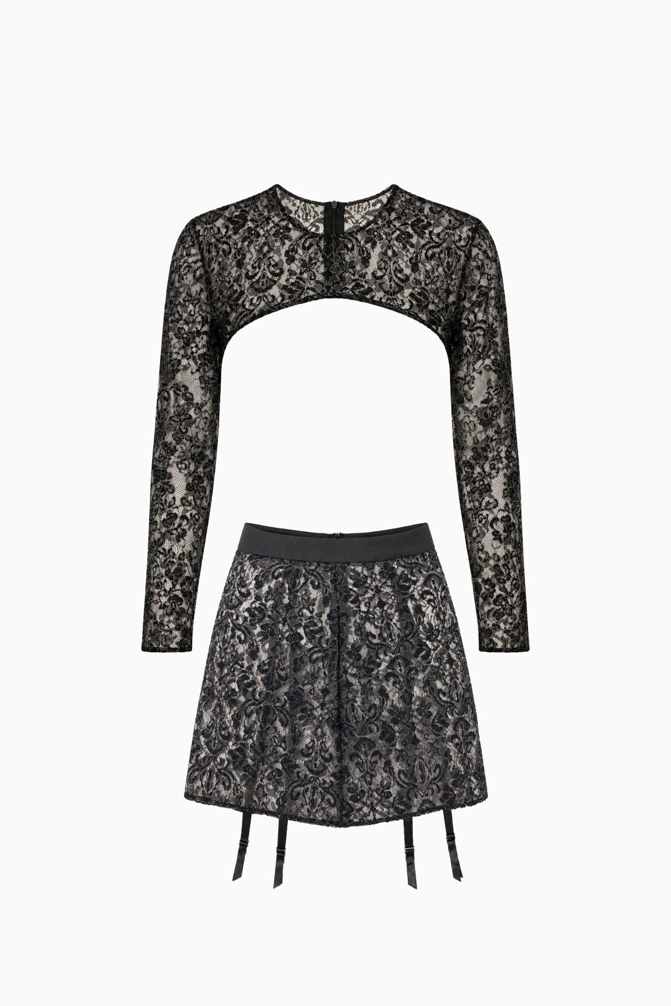Shimmer Lace Shrug & Suspender Skirt Set Black – Size XS | Archive Sample