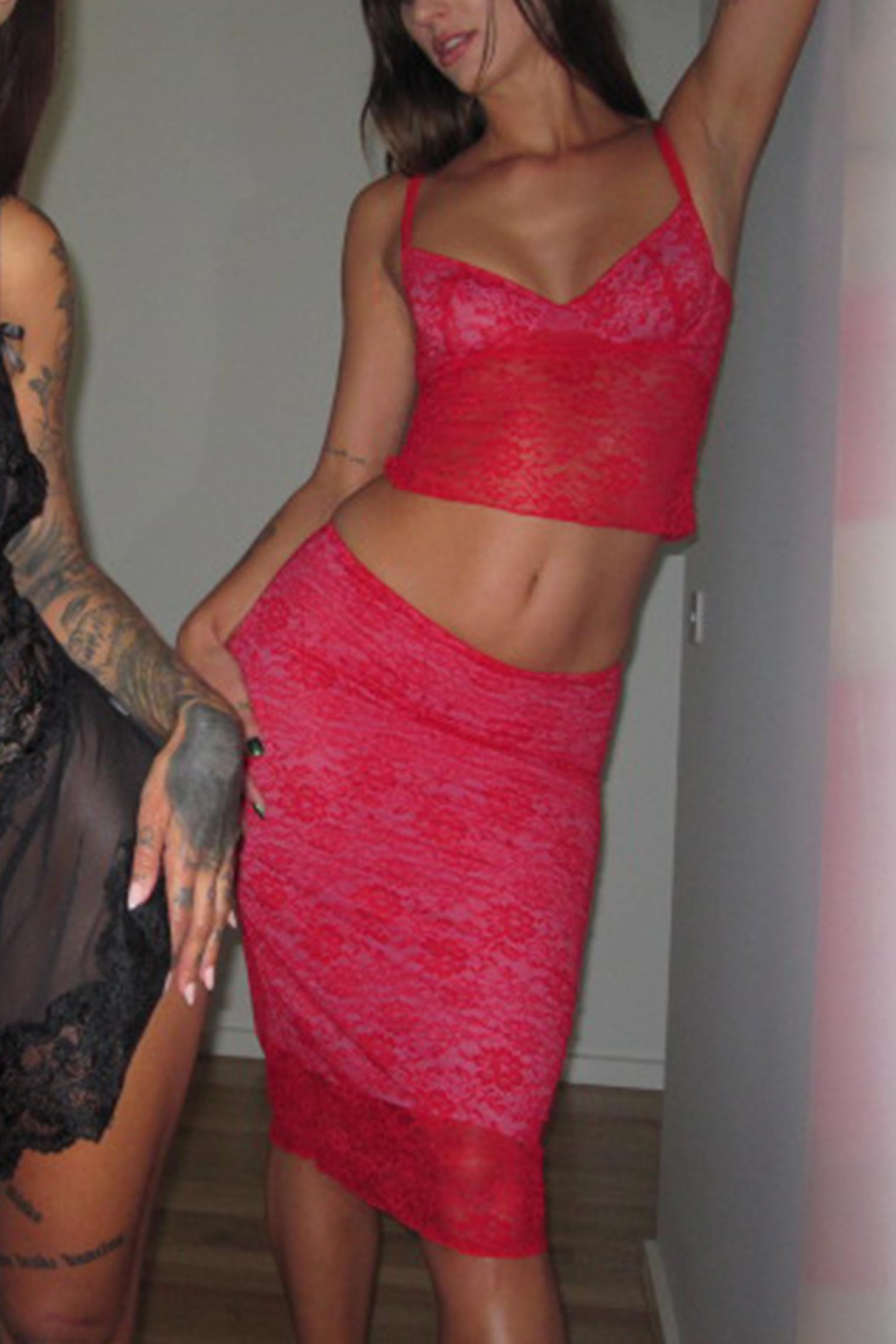 Valentina Lace Bra Cami & Midi Skirt Red – Size S | Archive Sample