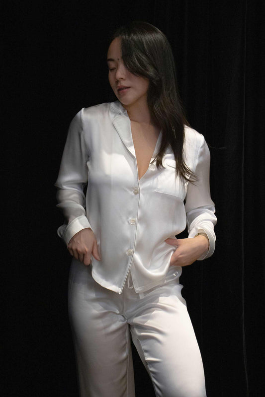 Alex Silk Long Sleeve Pyjama Shirt White