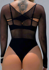 Bodysuit Fishnet Crossover Neck Black