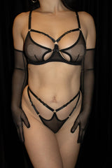 Strappy Mesh Bra & G-string Set With Gloves