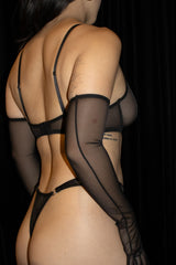 Strappy Mesh Bra & G-string Set With Gloves