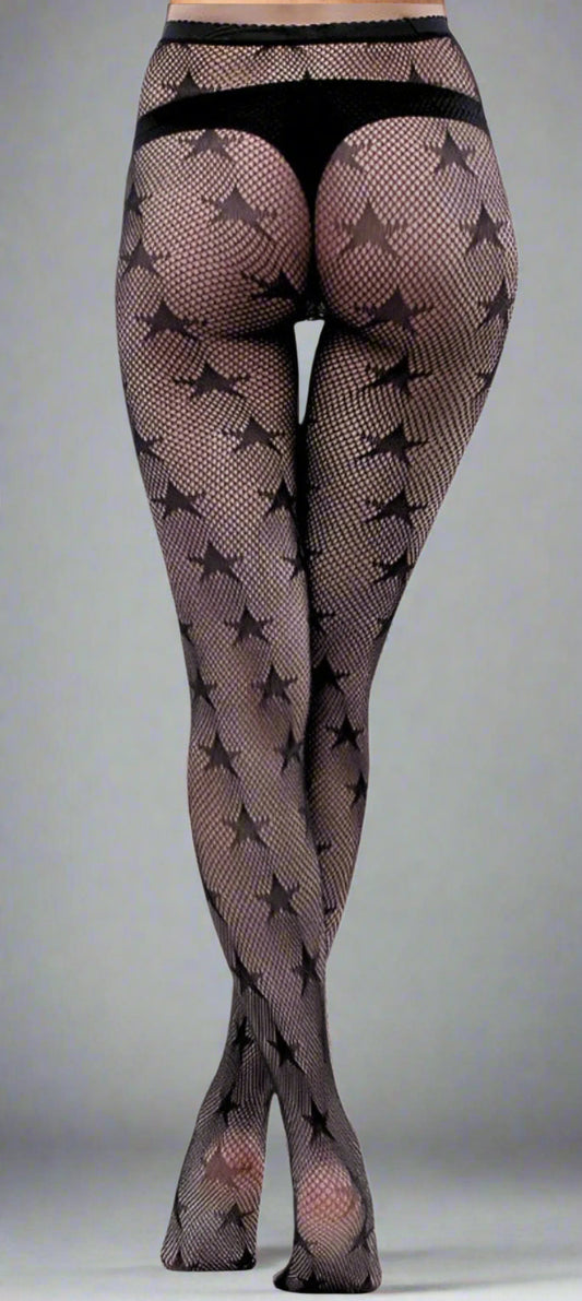 Black star-patterned fishnet stockings on a white background