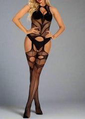 Bodystocking Crotchless Keyhole Neck Black
