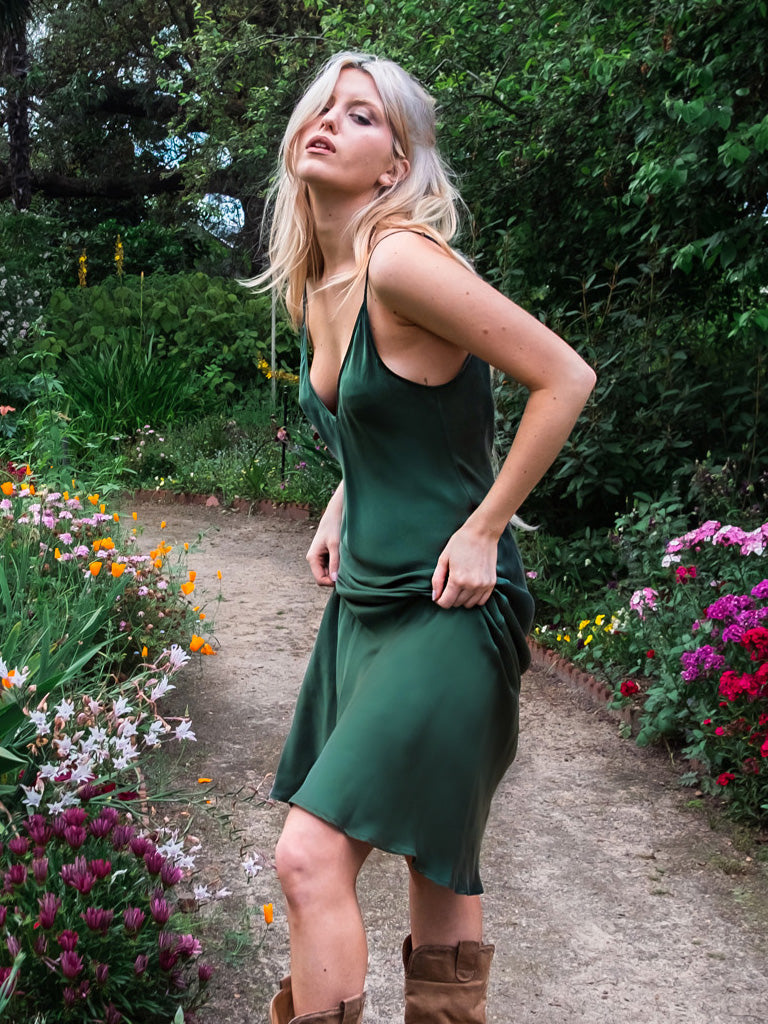 Gaia Deep V Silk Dress Forest Green | Archive Sample