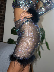 Selena Diamante Mini Skirt with Fur Trim Black