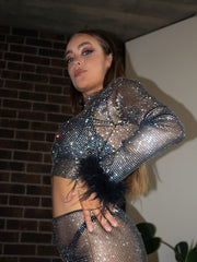 Selena Diamante Long Sleeve Top with Fur Black