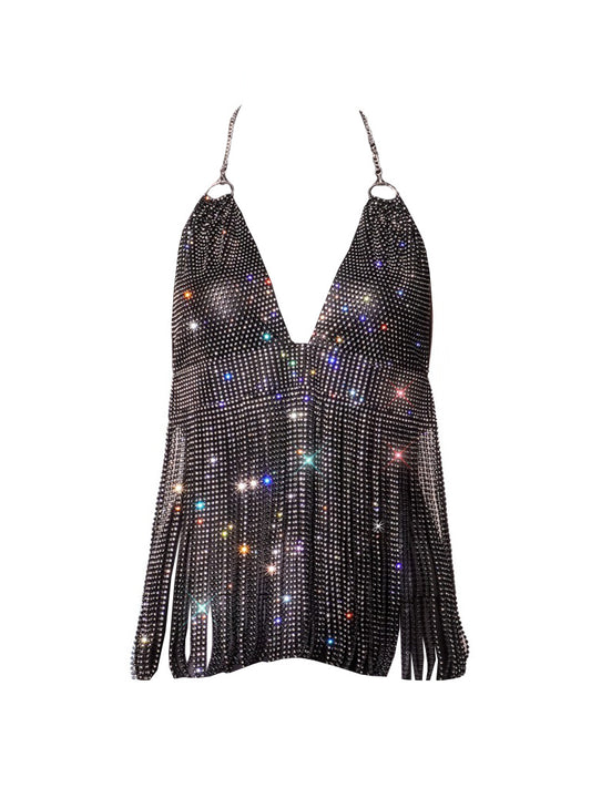 Selena Diamante Tassel Bralette Black