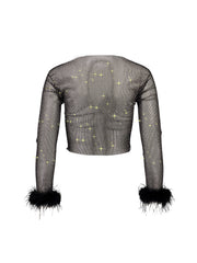 Selena Diamante Long Sleeve Top with Fur Black