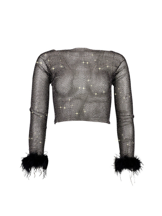Selena Diamante Long Sleeve Top with Fur Black