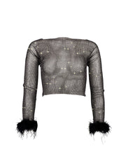 Selena Diamante Long Sleeve Top with Fur Black